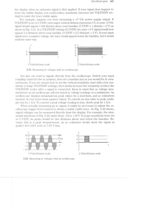 Oscilloscopes 63
the display when an unknown signal is first applied. If your signal does happen to
leave the visible display, you could reduce sensitivity (increase the VOLTS/DIV set-
ting) to make the trace visible again.
For example, suppose you were measuring a +5 Vdc power supply output. If
VOLTS/DlV is set to 5 V/DIV, each major vertical division represents 5 V, so your +5 Vdc
signal should appear l full division above your baseline (5 V/DIV >< l division : 5 V) as
shown in Fig. S-21. At a VOLTS/DlV setting of 2 V/DIV, the same +5 V signal would now
appear divisions above your baseline (2 V/DTV >< 2.5 divisions : 5 V). lf your input
signal were a negative voltage, the trace would appear below the baseline, but it would
read the same way.
V
CDC)“
ii N)»-l>C.TiCT»
<§
. . . .. .. . . . ' ,- " ._._.Q _, _.._ _
|IE1.3’:Z1.:1:11%=$¥:1$:1::&E=.:=§:bt=’-=:=%:=$:=$:=r='$*:=<:>;.%.~k»~i~!L;'-is-!;=.~€»>ig!;.%>;=I~!g-15%,!-€'e»?¥*=:§g.-=-
;:;;,§-:2::;;-:;;.;:-.-:;:5-:;__:45-'~~.-.'~:~:-Q:-.;:-.-.->» '-.» 5.56;» :'-'-' - ' -E~:!§$.-“-9... < ... .. '> ">. aw"-’~ .-’~.. .. .,
cit‘ i'l:1:5:I:l:Ia~:<:1».-zozizn-612:5:-:-$&' :Z.~:-:1.~4.».- <?‘3"'35‘-' I‘i.-:i:-§t-"<:i'-:‘;;,'2',>,;>'- . ‘E-.
1£'~3'§$>1x1-Z-'Z-Z-b:M-:-:-:¢-t-b1-2'1-H"-5-21»:-I-i -:->$>:-‘ ..~$::Pc-*5?-'?'=:’$’.-:-:-1-;.»'$' .¢:-:-.-:~: .-
-:;:;:-:-§:-:~:-:-:-:;:-:-:;;;:~:<-:-:-:<-:-:;:-:;:;:-I;<1-:-:-:-1:-:-~:-. .-:-1+:-1;:-:-:-::->:ZQ¢:~:-:-:-:->1-:-r-:<;:-:4-2+:-:~:-.-:-;-,-1-use-:-5:4 2-:245-1-2-tgqw-2%,-$:-:1>1-Q:-:5$g:3>ei2»$=I31:é’€t:-:,2!;>;'-:%;.;.5;E>{*,;‘;,z2:;;_ _':~;;;;,=¢§,-5% ,.-:-:2;._._.;.;._.;.;5.;.;._;,;._:_;.;q.;;.;.;.;._:;.{_:;,,.;.;.;;.;.;;<.;. .;.;.;.;.;.;,;.;.-._<.;.;.-.9-.-=._. ;>;:E€;,__~:;._/_:$.::3,,__;-_5,§::,rﬁh _ ' ~_;.:$,_,_,_ ___ ,_ ____ ____ _ __, ,__________,_,v____,~__-_v_'__»_v‘,- ___¢_v_~_1_-‘-_-_-_._,_-_,_._._._v-----~- }
~.~ . . . . . . .9 . . . ;. . . . .1? . -. . . . . . -qwéﬁ . ._,-.;a Av .. . . ,._._.,_., _.,,___._.,_¢,,, _ . ,. ., _;,_. .,=__: Qa. J .,,.,, 4. ._._.,_,_,_. {.__ _ ._ .. =.»{.
:c-:-:4-:-:4‘:~:-zk-:-1-$1-:-:-:-:-:-:-:2Q-:-:0:-1-:-zcé-:-:-:It~:-:-:-1§-:+1-1-:-:1:->1-:-1-:-$:<?:¥?:-:-:-:-:-:-:c¢~:-:-:-S:-:-:2?-:-z-2-:-1-2-:-:2-:-5:-5 ->:-:-:-:‘:~:-:<+:-:-:~>::4-?‘:»:&&-ac-:1:-ik~>.»:»$:-.-:-.2-i.~.¢n‘:<-:¢¢*-*->-:=:J>:--as-.3 9:‘.-2--.-.c~cJ>:’®$
i t t
cl
5 Vol.ts/division scale 2 Volts/division scale
3-2i. i/leasuring dc voltages with an oscilloscope.
You also can read ac signals directly from the oscilloscope. Switch your input
coupling control to the ac position, then set a baseline just as you would for dc mea-
surements. lf you are unsure how to set the vertical sensitivity, start with a low sen-
sitivity (a large VOLTS/DlV setting), then slowly increase the sensitivity (reduce the
VOLTS/DIV scale) after a signal is connected. Keep in mind that ac voltage mea-
surements on an oscilloscope will not match ac voltage readings on a multimeter. An
oscilloscope displays instantaneous peak values for a waveform, and ac voltmeters
measure in 'i'*"ms (root inean square) values. To convert an rms value to peak, multi-
ply rms by 1.414. To convert a peak voltage reading to rms, divide peak by 1.414.
When actually measuring an signal, it might be necessary to adjust the os-
cilloscope trigger level control to obtain. a stable (still) trace. As Fig. 3-22 shows,
signal voltages can be measured directly from the display. For example, the sinu-
soidal waveforiii of Fig. Z3-22 varies from -10 to +10 V. if scope sensitivity were set
to 5 V/DIV, its peaks would be two divisions above and below the baseline. Be-
cause this is a peak ll1€Ei.S'Lll‘€l1l€flll, an ac voltmeter would show the signal as
peak/L414 (l0/l.4ll4l) or 7.07 V rms.
V V
= -‘re:-—' *-arr"-"~ -"1 j -!:;:§I;:5- »}:;:;:;:;:§ kc-:-15% 4: :‘ - -- .__. . .
‘ .~:-:-:~:;:-:-:-. ii 1-<<-:-:/.~:-:-:,:-.-I-1-I-2+!-Z-Z~. _~1*I~I~Z~I*I-I-Ia .~I~2'<2‘.+H~_ l § -I;'}1*2~‘-1’.-I-I-.~Z i
F’ ---.-.-.*w.s-4. .~.'.v_'.-.<-.'. .-:~'-'-'-'-'»'~ _ 4 7- i _._.;.;.f.;.;.'.;.;.;. 2
j . . *- . . .. v K r, r¢r.1.;..~.-.2 '_'-‘-'s'v‘-‘W-N‘ . - ii u0_<>+a;n ~ - —i :5-:4-.-:-2-:-:i:~: -:~-:-:-:-:-:~:-:'. :-:»:-:»:-:~:~:-:-:i: 1- :->:-.1.~:».-:->:-:-. *-;.§:-:;:g;:;:;:;:; ;:-:§:;:;:a;:;:;:;. -:-:;:_c':;:;:;:v:'> ;:-:;:,:¢:<:-:-:;:-.g,
-:1=¢=~’:=:=:=:I:a=;1~ 1:i=.=:=:¢:=:Y;=:=;'-:' =:1-=¢-we-=-It i:~:-:-'.~:-:-:-.-: -:-:-:-:-:~>:-:-:-:-: :-:1>‘>':?.~:->:Y:?:? 1:’ -:1:¢:-:»:1>.1:»'
-:»'5:~>:-:-:-:~:-:-:- -:-:.;.:-:-:-:<<:->1-" -:~:';-:':-:-:-:-:-:-:- =5 :-?-'$:-:-:-:-:~:~:-:- F_~w___ __ _ _ ______ -- ==..i,,._» q‘-1-AL L''Yl‘-'L'/E'~' i.,, .-iv’/_v‘.‘.Y-v7.5‘,iA r~r::,1=L-'-Kw. ':V'v:'-'1('-:>l'"L*‘/—‘v4i 2:4» -I - ».
:-:1:1:3:1:1:1:1 3:1:5:1:1$:=:1:!:1$:1 Q-:-:-;1$:=:1;1:I:‘€? 12$:-:1:1:¢:7:1$:1$~I~Z~I'1'I~Z-Z-I ‘<1-I-.>I~' 21511212 I-I-Iv!-‘.~I*I'1vI~I~Z~_ Ii-I-I>‘—I~I-Z-‘ 3!-1'
21s=s:z==ise 'z=a=2e=s€=aa==:s--:~:~t~:-.-:-.~ -:-:~:~:c-:-:~:~>:- <~:':/1+:-:-:-:»:~: ~:->~:~:»>:-:»'.~:-:~ - '
f" ?:1~1:1:’<1:1:- 1:1:¥:1:i:¢:1:I;1:¢:I >$:¢:1:!:1:1:¢:=:1:1 >.¢:¥:1:1$$:1:1:1:1 ,
HF... ':"!.*.. . “W. '_._._._._._¢_._._ |.,r;._-_-35.‘ ,_r ;._.;.;w.-.;._-3
;:;:;3;.;:;:; ;.;:;.;.;.;.;.;.; —.'.;.jq.-.;.~.;’ -,;,'.‘§'2-2*.-‘-.
"U= OQ.»7
§-'.~.-:;;~:-I-2-1;? :1:-:-’-11:4: ‘:<=:1'?:?:='7:' 1
5 Volts/division scale 2 Volts/division scale
Ii-22 lvleasuring voltages with an oscilloscope.
 