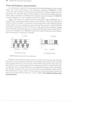 64 Soldermg Cﬁl/I}/2/(TL test mst'2"'2.tme/ms
Time and irequeney measurements
An oscilloscope is perfect for measuring critical signal parameters such as pulse
width, duty cycle, and frequency. The horizontal sensitivity (TIME/DIV) control
comes into play with time and frequency measurements. Before making any mea-
surements, you must first obtain a clear baseline as you would for voltage measure-
ments. When a baseline is established and a signal is connected, adjust the TIME/DIV
control to display one or two complete cycles of the signal.
Figure 3-23 shows two typical period measurements. With VOLTS/DIV set to
5 ms/DIV, the sinusoidal waveform repeats every 2 divisions. This wave represents a
period of 10 ms (5 ms/DlV >< 2 divisions). Because frequency is the simple reciprocal
of the period, you can calculate frequency directly from period. A period of 10 ms
represents frequency of 100 Hz (1/10 ms). This process also works for square
waves and other waveforms that are not sinusoidal. The square wave in Fig. 3-23 re-
peats every 4 divisions. At a Tll/1E/DIV setting of 1 ms/DIV, its period is 4 ms. This pe-
riod corresponds to a frequency of 250 Hz.
5 ms/div 1 ms/div
v v
1 0 W H V W V 7.4, -f:;:;.;:;:'| _.;:;:§;._ 4 ‘‘-'1-“‘:‘.l-“EVA-LHR l I -.f,}rivF-11%;‘!-.-, e.~.,.==.~_
_-,~_-;-_.-| _~'.;.;a,.~._ _.;.;.j-,;._ 5: ._._._._._-<_.__~_. L; it . _._ _.,., 4- H
-$:¥:=>‘.=§: <€r»<;=?-;- -2=;=;=r-;==- .<:1;1:=.<=€=:=-=-'<= 11.: $;¥>'>t”-:1:=.<;=3- i
¢%;¥:1:1$*1:¥. :1$:¢:1'1'I:¢:3‘ :1:1:1‘5:I:='1'7' '7'i'?'=°'%1’J31$ '3‘; iif’ 1 ~~. <.-. -.;.-.-:-.-.‘:-:-:- '-:A:<:-:~:-,-.-:~:~.- .>' ii .»(.~.-:<;._. _,-.- =1.3 I‘ . . _ ... --....... F . .. .... .. >_, :3-.;»;.;.;.;.;.;.;.; ii .;.;.;.;.;>._.;_.;>; 1,
r 1 -'~'.'-'~,.-.~.'-‘re .-.~.._.-.1».-. .-.-..-.;,-.-.-.~. , - rs "‘" ;-‘ J. " "“' ii. ~;-_;.;--';~r_~v'-; .;.;~(.;.,-;-_ 1; 1. ;._.;.-,;,;._._»;.;.;. L: __-_._._._ '1 vi ._.,._ . .__._._ t
»:~2r:'<;¢i%=;22= z i ==r=if;=>r=~,=§=:= 1 :===;=3=2=:=>'>';=== 1
:==>.=:=:>?-£=s::;éia :=:=5=:=E=a=~5$E=£=;= = 1¢5r=r=>.-;==;¢»a< ii :5;=:=§==1>'-,.5=-&=§~.~.--.__-._ - 3.; .3-;.;.;.;.;-~; .;.; .1--.;.;2_.g. , ;; .-.;.;.;.;._~.;. .-1' 11. 1:; ._ .-._.;. ,4: =;
0 -:k$:¢:@:$§=:~:1 _:;:-:-:»:‘:~7$§-*1:~:-“ :3$a¢'-:1:-'7?-:l$:=‘ _ _V_‘__ __"W :3:-¢--:—':§=::¥’5;,“  “M ‘I :-?1;lE—>"~:€-;~'¥-' _v
ti:-.~:-.~:~:-:4 §;i:§:1:5:5:7:§.<:f:=:¢: ':?'2*?%:=:=:?:'“ ' ' ' ‘ '. _ . .. ._. . _$~_:,“._ l ‘ I I I t
Q >
3’ )' J‘.
w > /
, , -. | ,. ---.<--u P4 -'-‘-‘-'-'.' 2'-‘nu
i:i:1:-:i:¥'-:-:1 . ':».I:1:1:1:1 $:3:=:1:-':?:?'f:t1:¥: '1-3'1:-EI~I‘§:I'!'I'1:I-5-‘~!2<2-F -: '-:-:-¢:~:--._,-:-' :-*<:-:-:-::,-:-:T:- -:¢:§;-'-:Y:Y:~:?:!$:~ 4
-1,}.-N ',-1-A ._,-.. "..- um. <.... -.'..-
:;!;.;Z;I;!-:;* . I .—' 1&2-I '-1-..~!-Z ‘ :-15:;-153+!-:-2 3.1.3.1.-:.:.g.3.;.g.g
-.-:-*-:-.~:*:-'-:1: WW -:-.‘.-:-'.->:¢-r- W ;:-:-:-:+:-:~:-:-:~
;:-,;,1:;._._: ~.~.~:-:~. :~. :-: :~:~ --—~ 5
=1?==€=E* ‘$515151 '¢I<E:E=3='
— 10 F ‘*-wk-*'W,
10 ms A I100 Hz 4 ms = 250 Hz
5 ms/division scale 1 ms/division scale
3-23 Measuring timing with an oscilloscope.
Instead of measuring the entire period of a pulse cycle, you also can read the
time between any two points of interest. For the square wave in Fig. 3-23, you could
read its pulse width to be 1 ms. You also could read the low portion of the cycle as a
pulse width of 8 ms (added together for its total period of 4 ms). A signal duty cycle
is simply the ratio of a signal ON time to its total period expressed as a percentage.
For example, a square wave on for 2 ms and off for 2 ms would have a duty cycle of
50% [2 ms/(2 ms + 2 ms) X 100%). For an on time of 1 ms and an off time of 8 ms, its
duty cycle would be 25% [1 ms/(1 ms + 3 ms) >< 100%]. Use caution in duty-eyele
measurements.
 