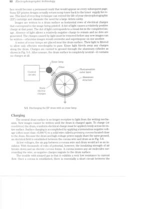 8% E[€CZ‘7"'O];)/‘Z10ZOQ'7"Ct1U/‘Z'ZC tec/'2.r2r2.ol,ogy
face would become a permanent mark that would appear on every subsequent page.
Some EP printer designs actually return scrap toner back to the toner supply for re-
use. This kind of recycling technique can extend the life of your electrophotographic
(EP) cartridge and eliminate the need for a large debris cavity.
images are written to a drum surface as horizontal rows of electrical charges
that correspond to the image being printed. A dot of light causes a relatively positive
charge that point. The dot of light corresponds to a visual dot in the completed im-
age. Absence of light allows a relatively negative charge to remain and no dots are
generated. The charges caused by light must be removed before any new images can
be VTl'ltt€llM~m~OlTll€1'VlS€ images would overwrite and superimpose on one another.
A series of erase Lcimps are placed near the drum surface. Their light is filtered
to allow only effective wavelengths to pass. Erase light bleeds away any charges
along the drum. Charges are carried to ground through the aluminum cylinder as
shown in Fig. 5-5. After erasure, the drum surface is completely neutral»~—it contains
no charges at all.
Erase la.mp
Photosensitive
0011901 " / outer la+-ﬂ.........J_'.1:v:|-b- 13/551“. . .<'.-.-.~ +;5!F3=:s:=:311;:;=;=;r=;=E=s=1;=:=;=:§!n,- .--
—, w w t .
V-S ~. 1‘.-":',' :3r:5:?J:1:=:>:7:?:1$"*'> :'%:$:I3:1$§i§E "xi"-_.—-. ".-‘ - .-:-:-:-:-:¢-:-:-:;;;4-*" "H-1;:--:<;'-:->:-.-. -
' ' ,-. _.;r:-:;:;:;r_:;:;;r~ 4.';:-.-:-:-:-:-:-:-.
I Aluminum-. .- .115’:-5:1? "-. .-‘ .1:=:=§:1:?'3:$-'- K
.__" * *-r==a;§>_=» .
i;__,:i.~:=r§;::%a=; i structure
.~_. rt-1 ht-1:?-F35: I-:1
-|l"1'k-._ I-I 3315151513 "i1:=E=EE=:=? $513533 I-I
tatic 3 ..
"1_I- 1-.“€§E=E§i;5ji§;;.-:_ ;¢.;.3%'>'5i?;EEE=' '.- I -I_r"
. "E-:-:-:-:~>E:?}»,§,-, ..v:-15%-:-:~:>!-Z-:»' .'.'.,?
Cllali‘O £3S ._, , - . ,,._.,3.,.1._-g,_.,._.,-_._.,,,>_,$'0;-3-3,'-1". . ‘,-
tj "-." -' - "-"¥:k7'1.’~:1:3$3:1:1$;=:$:' 'i:1:1:$?;;'<%?.?*5£=*'::" - ‘ - ‘.-"-~:,_- . I . 1 . "¢*§-Q-:-:-E;:;:;:; :;:;:;:;:-‘E-.15-;q|* . ' . ' . ' ,_'.--
.,_,_0
-.,,......414i .....'.',;-"
-'-;,_'.'.'.'.'., .'.'.'.'.';..-
.-__-
can-Q
-.1
5~5 Discharging the EP drum with an erase lamp.
Charging
The neutral drum surface is no longer receptive to light from the writing mecha-
nisin. New images cannot be written until the drum is charged again. To charge (or
CO'i‘Z.-CZ1'i1Z’ZO'i"Z») the drum, a uniform electrical charge must be applied evenly across its en-
tire surface. Surface charging is accomplished by applying a tremendous negative volt-
age (often more than —6,000 V) to a solid wire called a prilmciry coroner located close
to the drum. Because the drum and high-voltage power supply share the same ground,
an electrical field is established between the corona wire and drum as in Fig. 5-6.
At low voltages, the air gap between a corona wire and drum would act as an in-
sulator. With thousands of volts of potential, however, the insulating strength of air
breaks down and an electric coroitct forms. A corona ionizes any air molecules sur-
rounding the wire, so negative charges migrate to the drum surface.
The trouble with ionized gas is that it exhibits a very low resistance to current
flow. Once a corona is established, there is essentially a short circuit between the
 