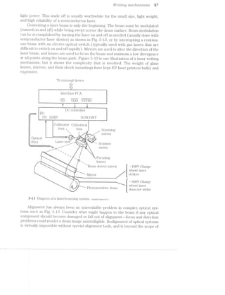 W/"zit/t"2’2._g mec:/'t<.mvjsms 87
light power. This trade off is usually worthwhile for the small size, light weight,
and high reliability of a semiconductor laser.
Generating a laser beam is only the beginning. The beam must be modulated
(turned on and off) while being swept across the drum surface. Beam modulation
can be accomplished by turning the laser on and off as needed (usually done with
semiconductor laser diodes) as shown in Fig. 5-l8, or by interrupting a continu-
ous beam with an electro-optical switch (typically used with gas lasers that are
difficult to switch on and off rapidly). l/lirrors are used to alter the direction of the
laser beam, and lenses are used to focus the beam and ma.intain a low divergence
at all points along the beam path. Fl.gl1I‘€ 5:3-18 is one illustration of a laser writing
mechanism, but it shows the complexity that is involved. The weight of glass
lenses, mirrors, and their shock mountings h.ave kept EP laser printers bulky and
expensive.
To external device
.......... .
lnterface POA I
-e% %--MI-'4' %---=
V1?@"S(1‘N@- I.
ii,""""""""""" ~~~~~~~——~“--"-'--"--r----~:%:::-------- ---------------------- -------:“~~~~~~~~~~“~.~- _.-:1; —:—::-:-:--=~-~=w~--~---~----w:--wi-<
I I DO controller
. IBD II
II I Pn tnnv scnconrI; rim-.............:.r..l.z.W................W:M.c.-....=,_.ma.........n,:_c....i,.......%.s , ................ .........“II
I,’ (Lollimator Cylindrical
I i lens 16115 i Scanning
III 1 ._ mirror‘I ' =‘=i_3_,x Ir H‘ M l 1
fr Optical I ‘ I ‘ r ‘““"‘-&'Iir'
"*1 4"‘»~—'I-—.‘ ii'1"-r
, :_
-1"‘,
2%
4
- . i . I .5
libel List Scanner
‘
‘W motor
_‘ <  ‘
.< aw  -.~ ya“  .
. ‘ 
wt, 
r . Focusing
- . g ﬁ len.ses
Beamdeieclm11ioI; -~l()OV Oharge
, where laser
I O1 i SllI'l.l{@S
.=.,,5M.‘'
,
I
-4?;-a4=»;i-i-4-i-1mg-TgFM
‘khm .__
, -------- ____ --------------------- , — 600V Charge
1 ‘“°“~=<I where laser
l llOtOb€llSll-lVL. drum Ewes net Strlke
It
5-i3 Diagram of a laser/scanning system. Hewielt-Pacinard Co.
Alignment has always been an unavoidable problem in complex optical sys-
tems such as Fig. 5-18. Oonsider what might happen to the beam if any optical
component should become damaged or fall out of alignment--focus and direction
problems could render a drum image unintelligible. Realignment of optical systems
is virtually impossible without special alignment tools, and is beyond the scope of
 