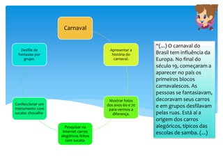 Carnaval
Apresentar a
história do
carnaval.
Mostrar fotos
dos anos 60 e 70
para vermos a
diferença.
Pesquisar na
internet carros
alegóricos feitos
com sucata.
Confeccionar um
instrumento com
sucata: chocalho.
Desfile de
fantasias por
grupo.
“(...) O carnaval do
Brasil tem influência da
Europa. No final do
século 19, começaram a
aparecer no país os
primeiros blocos
carnavalescos. As
pessoas se fantasiavam,
decoravam seus carros
e em grupos desfilavam
pelas ruas. Está aí a
origem dos carros
alegóricos, típicos das
escolas de samba. (...)
 