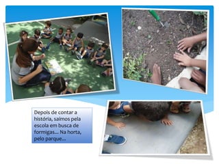 Depois de contar a
história, saímos pela
escola em busca de
formigas... Na horta,
pelo parque...
 