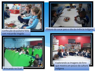 Confecção da pulseira feita
com macarrão tingido
Pintura do cocar para o dia da vivência indígena
Brincando na Oca!!
Explorando as imagens do livro
que mostra um pouco da cultura
indígena
 