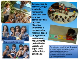 As crianças escolheram diversos
animais e pintaram as figuras
para confeccionarmos
um dominó dos tamanhos
(grande/pequeno)
Em uma roda de
conversa, surgiu
a ideia de
mandarmos
uma carta para
os ursos
contando o final
de nossa
história...
Colocamos a
carta na caixa
mágica e depois
de alguns dias
encontramos
mel (alimento
preferido dos
ursos) e um
papel com a
patinha deles
carimbada.
Experimentando o mel
 