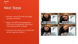 20
Next Steps
 Monitor critical SCM KPIs and apply
necessary revisions.
 Apply counterfactual explanations
(CFEs) and ru...