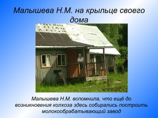 Малышева Н.М. на крыльце своего
            дома




      Малышева Н.М. вспомнила, что ещё до
возникновения колхоза здесь собирались построить
          молокообрабатывающий завод
 