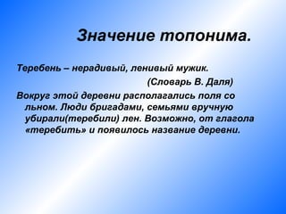 Значение топонима.
Теребень – нерадивый, ленивый мужик.
                         (Словарь В. Даля)
Вокруг этой деревни располагались поля со
  льном. Люди бригадами, семьями вручную
  убирали(теребили) лен. Возможно, от глагола
  «теребить» и появилось название деревни.
 