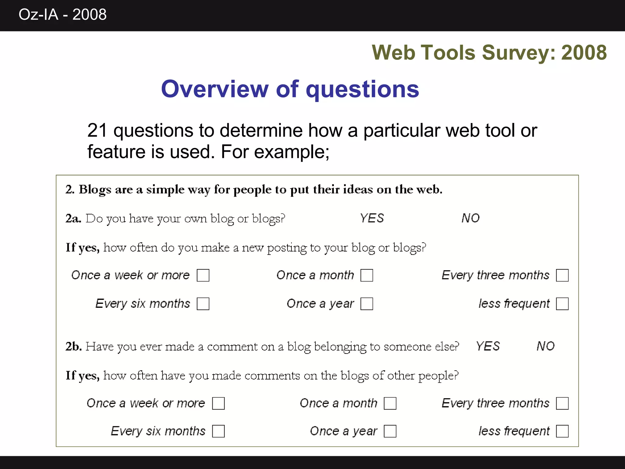 Web Tools Survey: 2008 Overview of questions 21 questions to determine how a particular web tool or feature is used. For example; 