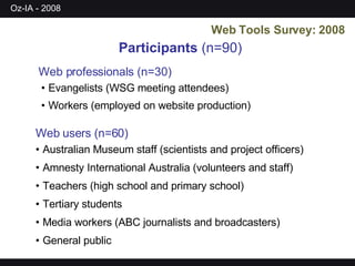 Web Tools Survey: 2008 Participants  (n=90) Web professionals (n=30) Web users (n=60) Evangelists (WSG meeting attendees) Workers (employed on website production) Australian Museum staff (scientists and project officers) Amnesty International Australia (volunteers and staff) Teachers (high school and primary school) Tertiary students Media workers (ABC journalists and broadcasters) General public 
