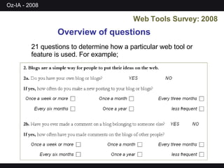 Web Tools Survey: 2008 Overview of questions 21 questions to determine how a particular web tool or feature is used. For example; 
