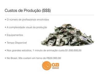 Custos de Produção ($$$)

• O número de proﬁssionais envolvidos


• A complexidade visual da produção


• Equipamentos


• Tempo Disponível


• Nos grandes estúdios, 1 minuto de animação custa $1.000.000,00


• No Brasil, 30s custam em torno de R$30.000,00
 