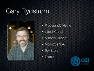 Gary Rydstrom
                                                             Procurando Nemo
http://images.wikia.com/pixar/images/6/69/GaryRydstrom.jpg




                                                             Lifted (Curta)
                                                             Minority Report
                                                             Monstros S.A.
                                                             Toy Story
                                                             Titanic
 