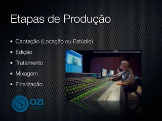 Etapas de Produção
Captação (Locação ou Estúdio)
Edição                          http://blog.vfs.com/wp-content/uploads/2010/01/sd-console-full.jpg




Tratamento
Mixagem
Finalização
 