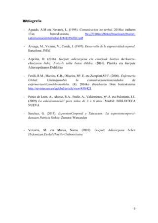 9
Bibliografia
- Aguado, A.M eta Nevares, L. (1995). Comunicacion no verbal. 2016ko irailaren
17an berreskuratuta, file:///C:/Users/Mikel/Downloads/Dialnet-
LaComunicacionNoVerbal-2244137%20(1).pdf
- Arteaga, M., Viciana, V., Conde, J. (1997). Desarrollo de la expresividadcorporal.
Barcelona: INDE
- Azpeitia, O. (2016). Gorputz adierazpena eta emozioak lantzen ikerkuntza-
ekintzaren bidez: Irakasle talde baten ibildea. (2016). Plastika eta Gorputz
Adierazpidearen Didaktika
- Fenili, R.M., Martins, C.R., Oliveira, Mª. E. eta Zampieri,Mª.F. (2006). Enfermeria
Global: Unensayosobre la comunicacionenloscuidados de
enfermeriautilizandolossentidos. (8). 2016ko abenduaren 14an berreskuratua
http://revistas.um.es/eglobal/article/view/450/421
- Ponce de Leon, A., Alonso, R.A., Fraile, A., Valdemoros, Mª.A. eta Palomero, J.E.
(2009) La educacionmotriz para niños de 0 a 6 años. Madrid: BIBLIOTECA
NUEVA
- Sanchez, G. (2015). ExpresionCorporal y Educacion: La expresioncorporal-
danzaen Patricia Stokoe. Zamora: Wanceulen
- Vizcarra, M. eta Murua, Naroa. (2010). Gorputz Adierazpena Lehen
Hezkuntzan.Euskal Herriko Unibertsitatea
 