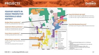 PROJECTS
CSE:OZ | outbackgoldfields.com 10
FOUR KEY ASSETS IN
HIGHLY PROSPECTIVE
FOSTERVILLE GOLD
DISTRICT
Sources:
1. Kirkland Lake Gold website (Klgold.com), Dec. 31, 2019 Reserve
statement
2. Mandalay Resources website (mandalayresources.com), March 30,
2020 NI 43-101 sedar.com
3. Geoscience Victoria Special Publication, Phillips, 2010.
4. Independent QP Report for the Ballarat Mine, Aug. 28, 2020,
LionGold Corp.
5. GSV Report 121, Willman et al., 2002
Fosterville (Kirkland Lake Gold)1
2.1 Moz Au @ 21.8 g/t Au (P&P Mineral reserves)
2.1 Moz Au @ 5.3 g/t Au (M&I Mineral resources)*
Costerfield (Mandalay Resources)2
0.35 Moz Au @ 9.6 g/t Au (M&I Mineral resources)
Bendigo (Historic production) 3
22 Moz Au produced from reef mines
Ballarat (Historic production)
1.6 Moz Au @ 9.0 g/t Au produced from
reef mines4
11.6 Moz Au produced from alluvial3
Castlemaine (Historic production)5
1.0 Moz Au produced from reef mines
4.6 Moz Au produced from alluvial
Clunes (Historic production) 3
1.3 Moz produced from reef mines
 