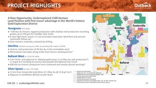 PROJECT HIGHLIGHTS
A Rare Opportunity: Underexplored 1100 Hectare
Land Position with first mover advantage in the World’s Hottest
Gold Exploration District
Yeungroon (PTR 100%)
● ~140 Koz Au historic regional production with shallow reef production recording
grades up to 250 g/t Au4 (Golden Jack mine).
● 6 new high-tenor arsenic-in-soil anomalies have been identified and warrant
systematic follow-up5
● Area remains relatively untested by drilling
Glenfine (Outback earning up to 80%, by spending $3M, subject to ROFR)
● Historic reef production of 44 Koz Au in the immediate area2
● Mineralized intercepts along strike from historic developments3
Ballarat West (EL 7276 PTR 100%)
● 5 km from- and adjacent to- Ballarat gold mines (+1.6 Moz Au reef production6)
in major N-S trending structures that parallel the Ballarat host trend
● 600 Koz Au historic production from contained and nearby alluvial workings7
Silver Spoon (EL 6951 -PTR 100%)
● 12 km from Fosterville Gold Mine (2.1 Moz Au @ 21.8 g/t Au1)
● Adjacent to Goldfields (NCVG) tender block
CSE:OZ | outbackgoldfields.com 22
Fosterville
Bendigo
Ballarat
1. Kirkland Lake Gold website
(Klgold.com), Dec. 31, 2019 Reserve statement
2. VICMINE Report GSR-94 (Finlay and Douglas, 1992)
3. PTR ASX Announcement 08/07/2020
4. VICMINE Report ID 373410
5. PTR ASX Announcement 27/03/2020
6. Independent QP Report for the Ballarat Mine, Aug. 28, 2020, LionGold Corp.
7. PTR ASX Announcement 19/05/2020, earthresources.vic.gov.au
 