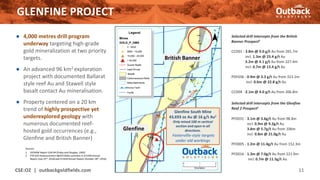 ● 4,000 metres drill program
underway targeting high-grade
gold mineralization at two priority
targets.
● An advanced 96 km2 exploration
project with documented Ballarat
style reef Au and Stawell style
basalt contact Au mineralisation.
● Property centered on a 20 km
trend of highly prospective yet
underexplored geology with
numerous documented reef-
hosted gold occurrences (e.g.,
Glenfine and British Banner)
GLENFINE PROJECT
CSE:OZ | outbackgoldfields.com 11
Sources:
1. VICMINE Report GSR-94 (Finlay and Douglas, 1992)
2. PTR ASX Announcement 08/07/2020; summary in EL5344 Annual
Report (July 25th, 2018) and EL5434 Annual Report (October 28th, 2016)
Selected drill intercepts from the British
Banner Prospect2
CCD01 - 3.8m @ 9.0 g/t Au from 265.7m
incl. 1.3m @ 23.4 g/t Au
3.2m @ 4.1 g/t Au from 327.4m
incl. 0.7m @ 13.4 g/t Au
PDF036 - 0.9m @ 3.3 g/t Au from 313.1m
incl. 0.6m @ 22.8 g/t Au
CCD04 -2.1m @ 4.0 g/t Au from 206.8m
Selected drill intercepts from the Glenfine
Reef 2 Prospect2
PFD031 - 3.1m @ 3.6g/t Au from 98.8m
incl. 0.9m @ 9.2g/t Au
3.8m @ 5.7g/t Au from 106m
incl. 0.8m @ 21.0g/t Au
PFD005 - 1.2m @ 11.4g/t Au from 152.3m
PFD016 - 1.3m @ 7.0g/t Au from 221.9m
incl. 0.7m @ 11.5g/t Au
Glenfine South Mine
43,693 oz Au @ 16 g/t Au1
Only mined 100 m vertical
section and open in all
directions.
Fosterville-style targets
under old workings
British Banner
Glenfine
 