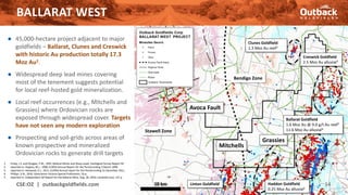 BALLARAT WEST
CSE:OZ | outbackgoldfields.com 14
Bendigo Zone
Stawell Zone
Avoca Fault
10 km
● 45,000-hectare project adjacent to major
goldfields – Ballarat, Clunes and Creswick
with historic Au production totally 17.3
Moz Au1.
● Widespread deep lead mines covering
most of the tenement suggests potential
for local reef-hosted gold mineralization.
● Local reef occurrences (e.g., Mitchells and
Grassies) where Ordovician rocks are
exposed through widespread cover. Targets
have not seen any modern exploration
● Prospecting and soil-grids across areas of
known prospective and mineralized
Ordovician rocks to generate drill targets
BALLARAT WEST
Haddon Goldfield
0.25 Moz Au alluvial1
Linton Goldfield
Ballarat Goldfield
1.6 Moz Au @ 9.0 g/t Au reef5
11.6 Moz Au alluvial4
Creswick Goldfield
2.5 Moz Au alluvial3
Clunes Goldfield
1.3 Moz Au reef2
Mitchells
Grassies
1. Finlay, I.S. and Douglas, P.M., 1992, Ballarat Mines and Deep Leads, Geological Survey Report 94
2. reported in: Hughes, M.J., 1998, EL4053 Annual Report for the Period ending 5 March 1998
3. reported in: Horwood, D.J., 2011, EL4943 Annual report for the Period ending 31 December 2011
4. Phillips, G.N., 2010, Geoscience Victoria Special Publication, 54 p.
5. reported in: Independent QP Report for the Ballarat Mine, Aug. 28, 2020, LionGold Corp. 137 p.
 