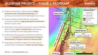 ● Property centered on a 20 km trend of highly
prospective yet underexplored geology with
numerous documented reef-hosted gold occurrences
● Previous drilling at British Banner intersected
numerous intervals of high-grade gold mineralization
hosted in quartz reefs
● High-grade mineralization previously mined at Glenfine
South remains open in all directions and previous
step-out drilling returned high-grade intervals
● A diamond drilling program at Glenfine and British
Banner will target the vertical and lateral extent of
mineralization. Program started in February 2021
● IP geophysics along the length of the lower basalt
contact will be completed to refine new drill targets
CSE:OZ | outbackgoldfields.com 20
Bendigo Zone
Stawell Zone
Avoca Fault
CCD01
265.7 to 269.5 m: 3.8 m of 9.0 g/t Au
including 1.3 m of 23.4 g/t Au
PFD031
106 to 109.8 m: 3.8 m of 5.7 g/t Au
including 0.8 m of 21.0 g/t Au
British Banner
Glenfine South
GLENFINE PROJECT – PHASE 1 PROGRAM
10 km
Regional gravity
 