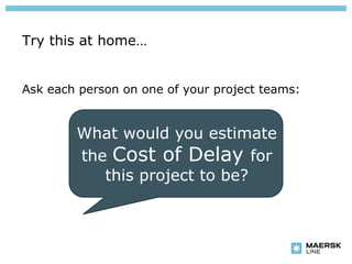 Try this at home…


Ask each person on one of your project teams:


        What would you estimate
        the Cost of Delay for
           this project to be?
 