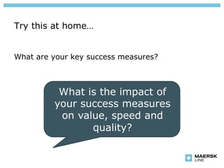 Try this at home…


What are your key success measures?



          What is the impact of
         your success measures
          on value, speed and
                quality?
 