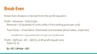 Break-Even
Break Even Analysis is derived from the profit equation.
Profit = Revenue - Total Costs
Revenue = Q (quantity of units sold) x Price (selling price per unit)
Total Costs = Fixed (Rent, Overhead) and Variable (direct labor, materials)
Variable cost = Q (quantity sold) x VC (per unit variable cost)
Profit = Q(Price) - (FC - Q(VC)), at BE profit equals zero
Solve for Q
Q = FC / (Price - VC)
 