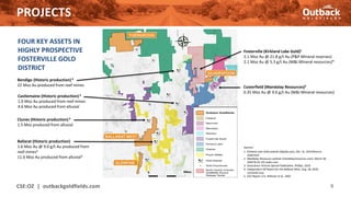 PROJECTS
CSE:OZ | outbackgoldfields.com 9
FOUR KEY ASSETS IN
HIGHLY PROSPECTIVE
FOSTERVILLE GOLD
DISTRICT
Sources:
1. Kirkland Lake Gold website (Klgold.com), Dec. 31, 2019 Reserve
statement
2. Mandalay Resources website (mandalayresources.com), March 30,
2020 NI 43-101 sedar.com
3. Geoscience Victoria Special Publication, Phillips, 2010.
4. Independent QP Report for the Ballarat Mine, Aug. 28, 2020,
LionGold Corp.
5. GSV Report 121, Willman et al., 2002
Fosterville (Kirkland Lake Gold)1
2.1 Moz Au @ 21.8 g/t Au (P&P Mineral reserves)
2.1 Moz Au @ 5.3 g/t Au (M&I Mineral resources)*
Costerfield (Mandalay Resources)2
0.35 Moz Au @ 9.6 g/t Au (M&I Mineral resources)
Bendigo (Historic production)3
22 Moz Au produced from reef mines
Ballarat (Historic production)
1.6 Moz Au @ 9.0 g/t Au produced from
reef mines4
11.6 Moz Au produced from alluvial3
Castlemaine (Historic production)5
1.0 Moz Au produced from reef mines
4.6 Moz Au produced from alluvial
Clunes (Historic production)3
1.5 Moz produced from alluvial
 