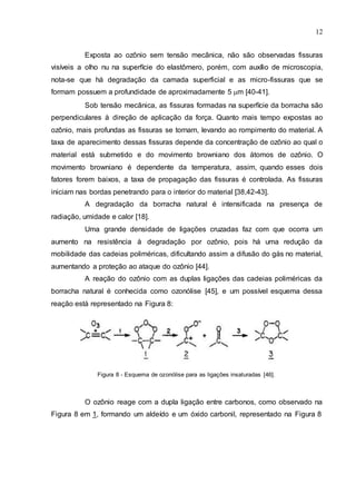12
Exposta ao ozônio sem tensão mecânica, não são observadas fissuras
visíveis a olho nu na superfície do elastômero, porém, com auxílio de microscopia,
nota-se que há degradação da camada superficial e as micro-fissuras que se
formam possuem a profundidade de aproximadamente 5 m [40-41].
Sob tensão mecânica, as fissuras formadas na superfície da borracha são
perpendiculares à direção de aplicação da força. Quanto mais tempo expostas ao
ozônio, mais profundas as fissuras se tornam, levando ao rompimento do material. A
taxa de aparecimento dessas fissuras depende da concentração de ozônio ao qual o
material está submetido e do movimento browniano dos átomos de ozônio. O
movimento browniano é dependente da temperatura, assim, quando esses dois
fatores forem baixos, a taxa de propagação das fissuras é controlada. As fissuras
iniciam nas bordas penetrando para o interior do material [38,42-43].
A degradação da borracha natural é intensificada na presença de
radiação, umidade e calor [18].
Uma grande densidade de ligações cruzadas faz com que ocorra um
aumento na resistência à degradação por ozônio, pois há uma redução da
mobilidade das cadeias poliméricas, dificultando assim a difusão do gás no material,
aumentando a proteção ao ataque do ozônio [44].
A reação do ozônio com as duplas ligações das cadeias poliméricas da
borracha natural é conhecida como ozonólise [45], e um possível esquema dessa
reação está representado na Figura 8:
Figura 8 - Esquema de ozonólise para as ligações insaturadas [46].
O ozônio reage com a dupla ligação entre carbonos, como observado na
Figura 8 em 1, formando um aldeído e um óxido carbonil, representado na Figura 8
 
