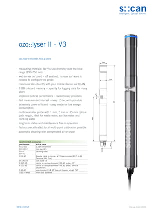 © s::can GmbH (2020)
www.s-can.at
ozo::lyser II - V3
	
∙ measuring principle: UV-Vis spectrometry over the total
range (190-750 nm)
	
∙ web server on board - IoT enabled, no user software is
needed to configure the probe
	
∙ communicates directly with your mobile device via WLAN
	
∙ 8 GB onboard memory - capacity for logging data for many
years
	
∙ improved optical performance - revolutionary precision
	
∙ fast measurement interval - every 10 seconds possible
	
∙ extremely power efficient - sleep mode for low energy
consumption
	
∙ multiparameter probe with 1 mm, 5 mm or 35 mm optical
path length, ideal for waste water, surface water and
drinking water
	
∙ long term stable and maintenance free in operation
	
∙ factory precalibrated, local multi-point calibration possible
	
∙ automatic cleaning with compressed air or brush
44
42
5
266,5
457
44,5
~
Messgeräte Sonstige Daten
recommended accessories
part number article name
B-32-xxx s::can compressor
B-33-012 con::nect V3
B-44
B-44-2
cleaning valve
C-32-V3 Adapter cable to connect a V3 spectrometer (M12) to V2
Terminal (MIL Plug)
D-330-xxx con::cube V3
F-110-V3 carrier s::can spectrometer V3 & V2 probe, 45°
F-120-V3 carrier s::can spectrometer V3 & V2 probe, vertical
attachment
F-48-V3 spectrometer V3 & V2 flow-cell (bypass setup), PVC
S-11-xx-moni moni::tool Software
ozo::lyser II monitors TSS & ozone
 