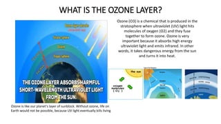 WHAT IS THE OZONE LAYER?
Ozone is like our planet's layer of sunblock. Without ozone, life on
Earth would not be possible, because UV light eventually kills living
Ozone (O3) is a chemical that is produced in the
stratosphere when ultraviolet (UV) light hits
molecules of oxygen (O2) and they fuse
together to form ozone. Ozone is very
important because it absorbs high energy
ultraviolet light and emits infrared. In other
words, it takes dangerous energy from the sun
and turns it into heat.
 