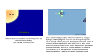 The animation illustrates how one chlorine atom in the
stratosphere can destroy
up to 100,000 ozone molecules.
Ozone is destroyed by reactions with chlorine, bromine, nitrogen,
hydrogen, and oxygen gases. Reactions with these gases typically
occurs through catalytic processes. A catalytic reaction cycle is a set of
chemical reactions which result in the destruction of many ozone
molecules while the molecule that started the reaction is reformed to
continue the process. Because of catalytic reactions, an individual
chlorine atom can on average destroy nearly a thousand ozone
molecules before it is converted into a form harmless to ozone.
 