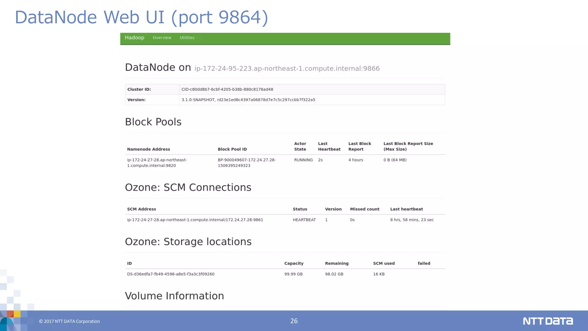© 2017 NTT DATA Corporation 26
DataNode Web UI (port 9864)
 