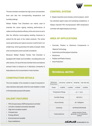 TECHNOLOGIES PVT. LTD.
The test chamber simulates the high ozone concentration
level and also the corresponding temperature and
humidity settings.
Weiber Rubber Test Chambers are mainly used to
evaluate the ozone ageing resisting performance of
rubber and the protective efficacy of the anti ozone so as to
take the effective ozone-ageing resisting measures to
extend the life span of the rubber products. The whole
ozone generating and capture process is performed in an
airtight loop, which guarantees the safety of people. Static
strain and dynamic strain are both considered.
Moreover Weiber Rubber Tensile Test Chamber is
equipped with heater and humidifier, circulating fans and
other device. On top of the test chamber there are balance
exhaust holes to exhaust air in laboratory constantly to
keep balance of air concentration in test chamber.
The inner bladder of the chamber is made of imported hi-
class stainless steel plate while the outer bladder is made
of A3 steel plate sprayed with plastic.
CONSTRUCTION DETAILS
CONTROL SYSTEM
AREA OF APPLICATIONS
SALIENT FEATURES
It Adopts imported ozone density control analyzer, which
has standard signal output and sampling competence. It
Adopts imported PID microprocessor SSR temperature
controller with digital display touch keys.
Ÿ Concrete, Plastics or Electronic Components in
Material Technology
Ÿ Automotive and Aerospace Industries
Ÿ Electronics
Ÿ Rubber and Plastic Industry
Ÿ Auto Production
R
TECHNICAL MATRIX
Temperature Range 0℃～70℃
Humidity Range ≥65％R.H
Ozone Density 50~1000pphm
Certificate ASTM/ISO/ROHS/GB
Testing Machine
esting machine Ozone
generator or UV absorption
method
Workroom
Dimensions
45*45*50 50*60*75 70*80*90 100*100*100
Power 4.0(KW) 4.5(KW) 4.5(KW) 6.5(KW)
Ÿ PID microprocessor SSR temperature controller
Ÿ corrosion-resistant and easily cleanable
Ÿ High-tech insulation system
Ÿ Compact size
Ÿ Energy efficient
Ÿ Economical and versatile
Ÿ Easy installations
 