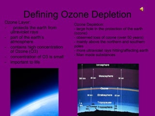 Defining Ozone Depletion Ozone Layer: -  protects the earth from ultraviolet rays part of the earth’s atmosphere  contains high concentration of Ozone (O3) concentration of O3 is small important to life Ozone Depletion: - large hole in the protection of the earth (ozone) - observed loss of ozone (over 50 years) - mainly above the northern and southern poles - more ultraviolet rays hitting/affecting earth - Man made substances 