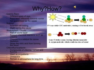 Why?How? Cosmic Rays: Different types of rays Rays react differently towards ozone Not guaranteed as the cause Sulphur: Scientist still testing Might not be the cause Stratospheric Clouds: Part of ozone layer Support chemical reactions such as chlorine Chlorine is a catalyst for ozone depletion Stops the nitric acid from forming the cloud Chlorofluorocarbons: Compounds of chlorine, carbon and fluorine Used as propellants  Unreactive Remain in atmosphere for long time 