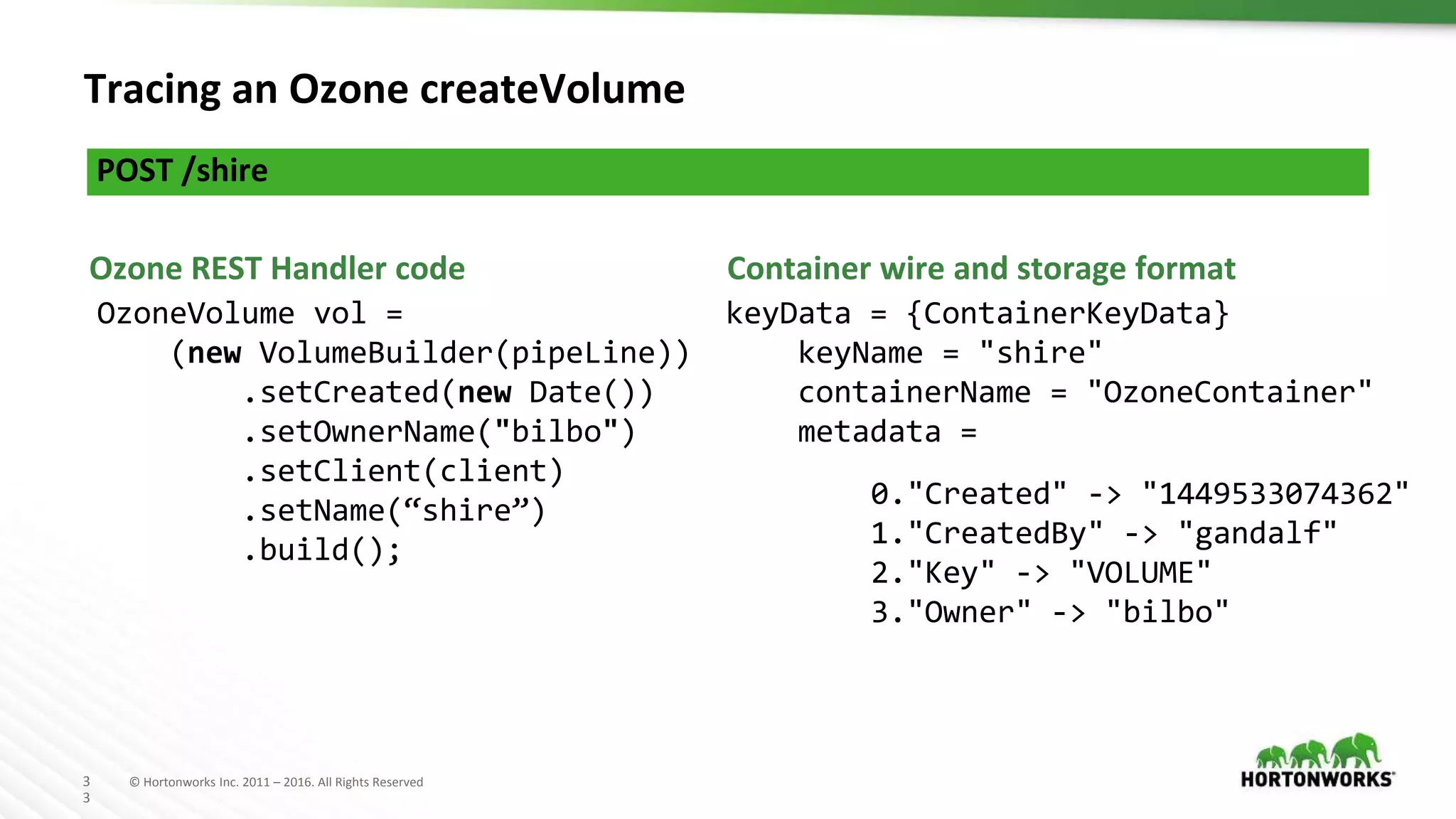 3
3
© Hortonworks Inc. 2011 – 2016. All Rights Reserved
Tracing an Ozone createVolume
OzoneVolume vol =
(new VolumeBuilder(pipeLine))
.setCreated(new Date())
.setOwnerName("bilbo")
.setClient(client)
.setName(“shire”)
.build();
POST /shire
keyData = {ContainerKeyData}
keyName = "shire"
containerName = "OzoneContainer"
metadata =
0."Created" -> "1449533074362"
1."CreatedBy" -> "gandalf"
2."Key" -> "VOLUME"
3."Owner" -> "bilbo"
Ozone REST Handler code Container wire and storage format
 