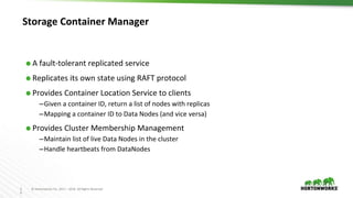 2
6
© Hortonworks Inc. 2011 – 2016. All Rights Reserved
Storage Container Manager
⬢ A fault-tolerant replicated service
⬢ Replicates its own state using RAFT protocol
⬢ Provides Container Location Service to clients
–Given a container ID, return a list of nodes with replicas
–Mapping a container ID to Data Nodes (and vice versa)
⬢ Provides Cluster Membership Management
–Maintain list of live Data Nodes in the cluster
–Handle heartbeats from DataNodes
 