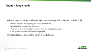 4
5
© Hortonworks Inc. 2011 – 2016. All Rights Reserved
Ozone - Range reads
⬢ Ozone supports range reads and might support range writes like part upload in S3.
–Ozone achieves this by using the chunk mechanism.
–Chunks offer a stream like interface.
–You can seek to any location and read as many bytes as you want.
–This is used by ozone to support range reads
⬢ Periodic Scanner can reclaim unreferenced chunks.
 