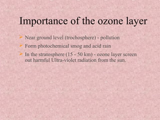 Importance of the ozone layer
 Near ground level (trochosphere) - pollution
 Form photochemical smog and acid rain
 In the stratosphere (15 - 50 km) - ozone layer screen
out harmful Ultra-violet radiation from the sun.
 