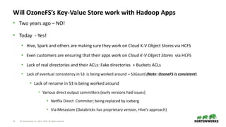 14 © Hortonworks Inc. 2011–2018. All rights reserved
Will OzoneFS’s Key-Value Store work with Hadoop Apps
• Two years ago – NO!
• Today - Yes!
• Hive, Spark and others are making sure they work on Cloud K-V Object Stores via HCFS
• Even customers are ensuring that their apps work on Cloud K-V Object Stores via HCFS
• Lack of real directories and their ACLs: Fake directories + Buckets ACLs
• Lack of eventual consistency in S3 is being worked around – S3Gaurd (Note: OzoneFS is consistent)
• Lack of rename in S3 is being worked around
• Various direct output committers (early versions had issues)
• Netflix Direct Commiter; being replaced by Iceberg
• Via Metastore (Databricks has proprietary version, Hive’s approach)
 