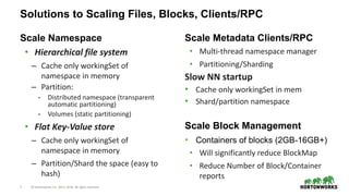 7 © Hortonworks Inc. 2011–2018. All rights reserved
Solutions to Scaling Files, Blocks, Clients/RPC
Scale Namespace
• Hierarchical file system
– Cache only workingSet of
namespace in memory
– Partition:
- Distributed namespace (transparent
automatic partitioning)
- Volumes (static partitioning)
• Flat Key-Value store
– Cache only workingSet of
namespace in memory
– Partition/Shard the space (easy to
hash)
Scale Metadata Clients/RPC
• Multi-thread namespace manager
• Partitioning/Sharding
Slow NN startup
• Cache only workingSet in mem
• Shard/partition namespace
Scale Block Management
• Containers of blocks (2GB-16GB+)
• Will significantly reduce BlockMap
• Reduce Number of Block/Container
reports
 