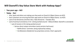 15 © Hortonworks Inc. 2011–2018. All rights reserved
Will OzoneFS’s Key-Value Store Work with Hadoop Apps?
• Two years ago – NO!
• Today - Yes!
• Hive, Spark and others are making sure they work on Cloud K-V Object Stores via HCFS
• Even customers are ensuring that their apps work on Cloud K-V Object Stores via HCFS
• Lack of real directories and their ACLs: Fake directories + Buckets ACLs
• Lack of eventual consistency in S3 is being worked around – S3Gaurd (Note: OzoneFS is consistent)
• Lack of rename in S3 is being worked around
• Various direct output committers (early versions had issues)
• Netflix Direct Commiter; being replaced by Iceberg
• Via Metastore (Databricks has proprietary version, Hive’s approach)
 