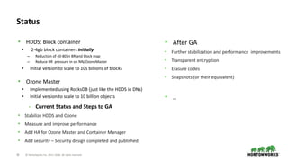 28 © Hortonworks Inc. 2011–2018. All rights reserved
Status
• HDDS: Block container
• 2-4gb block containers initially
– Reduction of 40-80 in BR and block map
– Reduce BR pressure in on NN/OzoneMaster
• Initial version to scale to 10s billions of blocks
• Ozone Master
• Implemented using RocksDB (just like the HDDS in DNs)
• Initial version to scale to 10 billion objects
• Current Status and Steps to GA
• Stabilize HDDS and Ozone
• Measure and improve performance
• Add HA for Ozone Master and Container Manager
• Add security – Security design completed and published
• After GA
• Further stabilization and performance improvements
• Transparent encryption
• Erasure codes
• Snapshots (or their equivalent)
• ..
 