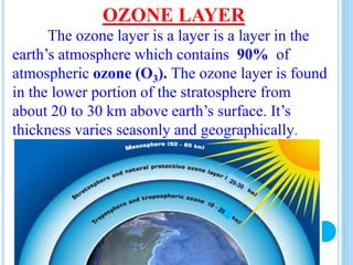OZONE LAYER
The ozone layer is a layer is a layer in the
earth’s atmosphere which contains 90% of
atmospheric ozone (O3). The ozone layer is found
in the lower portion of the stratosphere from
about 20 to 30 km above earth’s surface. It’s
thickness varies seasonly and geographically.
 