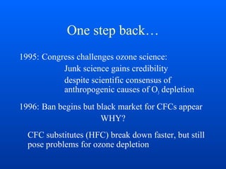 One step back…
1995: Congress challenges ozone science:
Junk science gains credibility
despite scientific consensus of
anthropogenic causes of O3 depletion
1996: Ban begins but black market for CFCs appear
WHY?
CFC substitutes (HFC) break down faster, but still
pose problems for ozone depletion
 