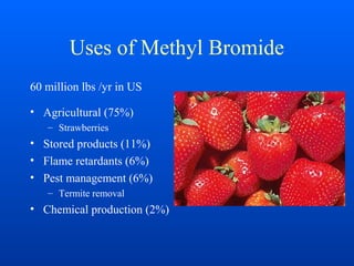 Uses of Methyl Bromide
60 million lbs /yr in US
• Agricultural (75%)
– Strawberries
• Stored products (11%)
• Flame retardants (6%)
• Pest management (6%)
– Termite removal
• Chemical production (2%)
 