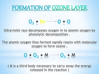 O2 + hv O + O
Ultraviolet rays decomposes oxygen in to atomic oxygen by
photolytic decomposition .
The atomic oxygen thus farmed rapidly reacts with molecular
oxygen to form ozone .
O + O2 + O3 +
( M is a third body necessary to carry away the energy
released in the reaction )
 