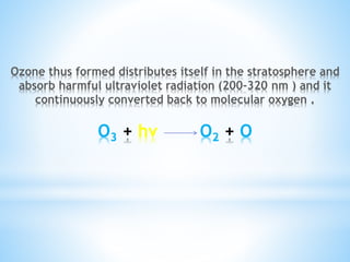Ozone thus formed distributes itself in the stratosphere and
absorb harmful ultraviolet radiation (200-320 nm ) and it
continuously converted back to molecular oxygen .
O3 + hv O2 + O
 