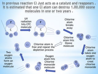In previous reaction Cl Just acts as a catalyst and reappears .
It is estimated that one Cl atom can destroy 1,00,000 ozone
molecules in one or two years .
F
C
ClCl
Cl
F
C
Cl Cl
Cl
UV
radiation
hits CFC
molecule
O
OO
O
Cl
O O
O
Cl
ClCl
O
O
O
Chlorine
atom
breaks
away
Chlorine
atom
takes one
oxygen
atom to
creat
chlorine
monoxide
Oxygen
atom hits
Chlorine
monoxide
molecule
Chlorine atom is
free and repeat the
depletion process
Chlorine
atom hits
Ozone
molecule
Two
oxygen
atoms
form an
oxygen
molecule
 