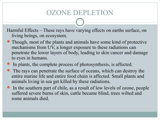 OZONE DEPLETION
Harmful Effects – These rays have varying effects on earths surface, on
living beings, on ecosystem.
Though, most of the plants and animals have some kind of protective
mechanisms from UV, a longer exposure to these radiations can
penetrate the lower layers of body, leading to skin cancer and damage
to eyes in humans.
 In plants, the complete process of photosynthesis, is affected.
 The rays can penetrate the surface of oceans, which can destroy the
entire marine life and entire food chain is affected. Small plants and
animals living in sea get killed by these radiations.
 In the southern part of chile, as a result of low levels of ozone, people
suffered severe burns of skin, cattle became blind, trees wilted and
some animals died.
 